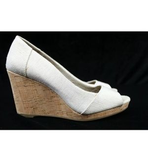 Toms Khaki Cork Wedge Open Toe Slip On Sandals Wom